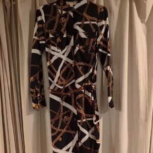Michael Kors Black and Brown Chain Pattern Long Sleeve Dress